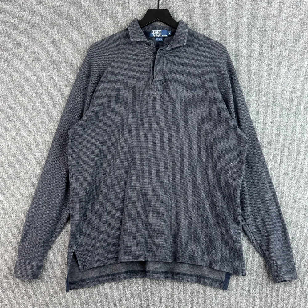 Polo Ralph Lauren Sweater Shirt Mens M Blue Gray Houndstooth Cotton Long Sleeve